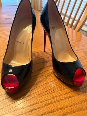 Christian Louboutin Black Patent Peep-Toe Pumps with Red Soles
